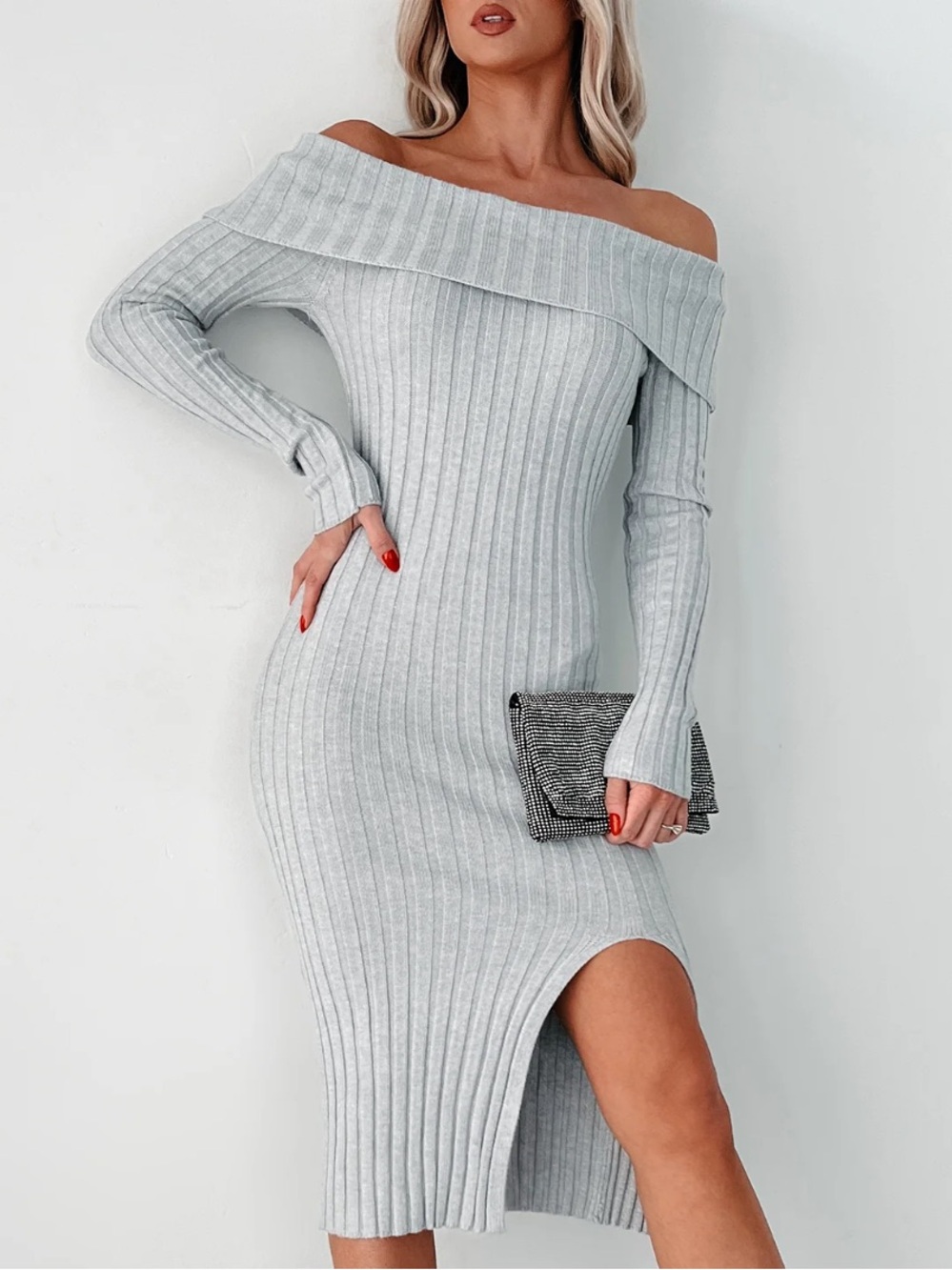 Fashion Nova Off-Shoulder Ribbed Knit Dress in Light Gray